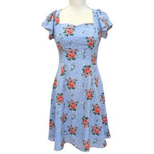 Aulala Design Blue Snow Blossom Floral Print Midi Dress Short Sleeve Size 4 NWT